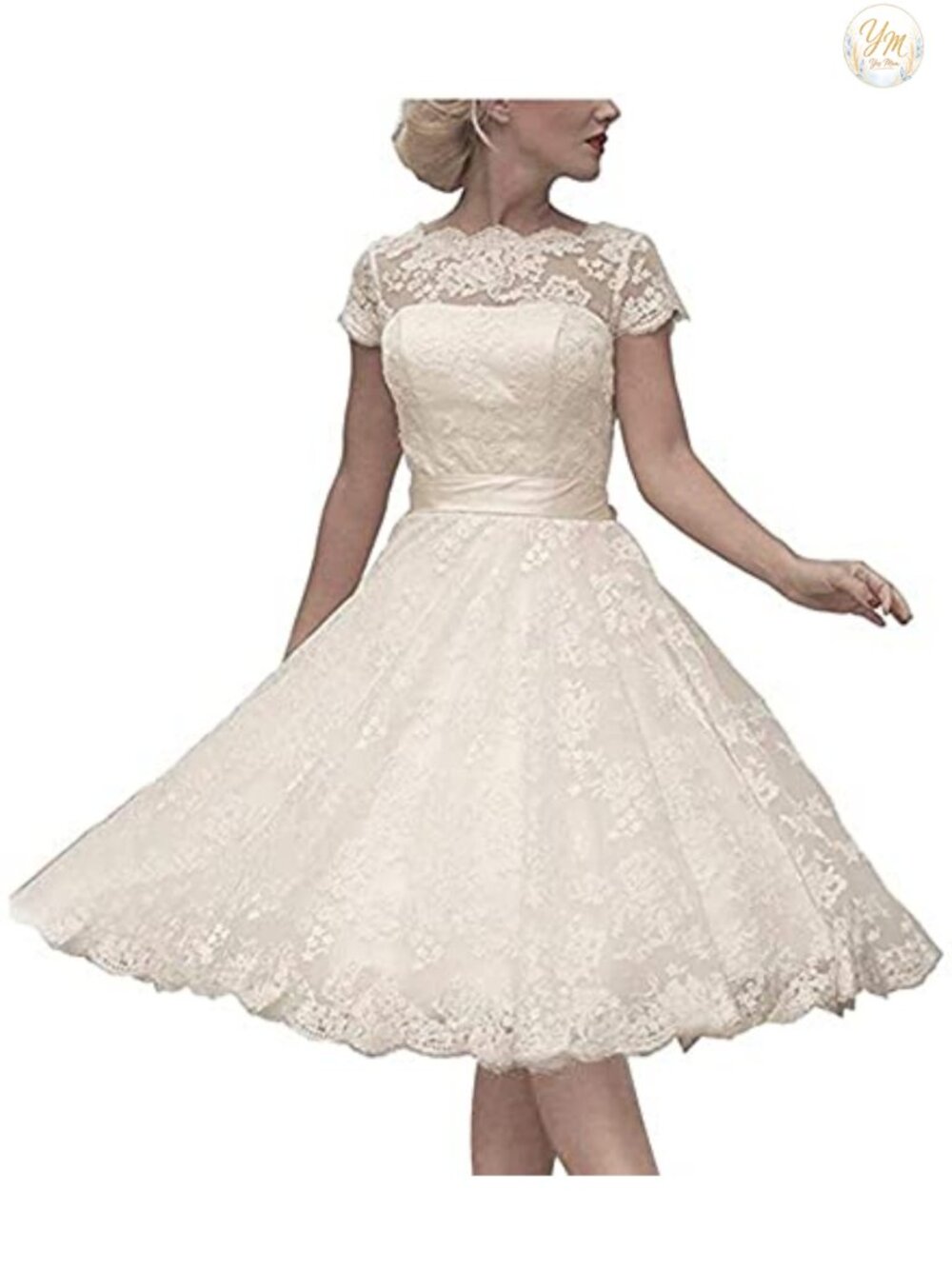 Womens Knee-Length Wedding Dress Cap Sleeve Lace Neckline Ball Gown